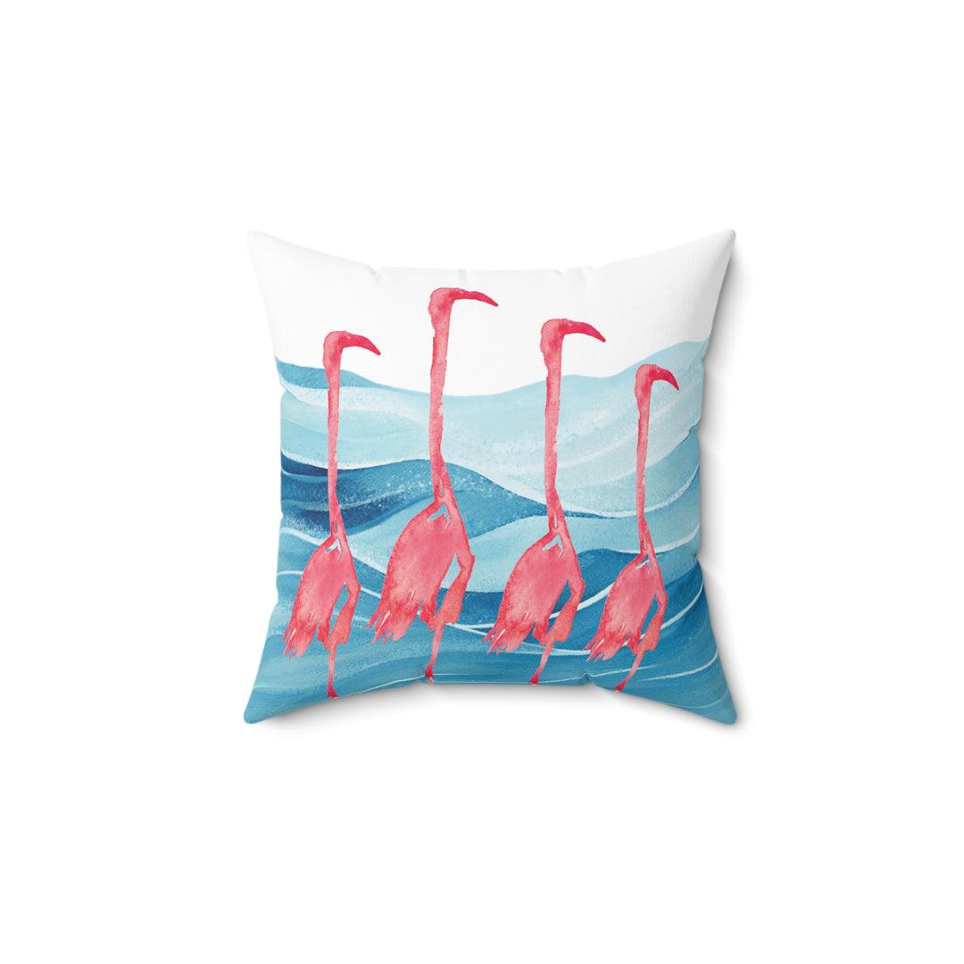 Flat-lay image of the flamingo pillow, highlighting the vibrant watercolor details and premium soft suede fabric.