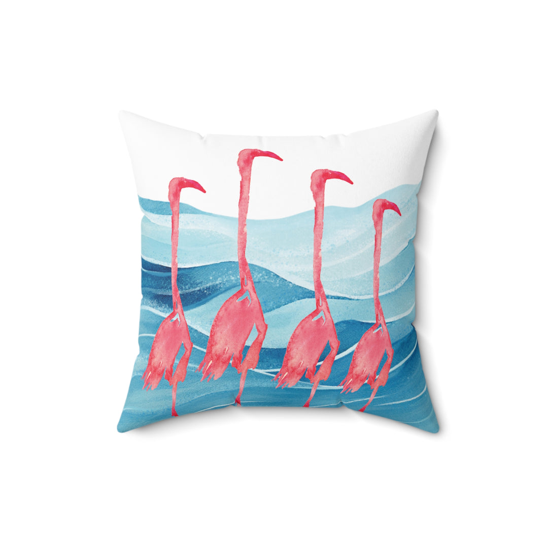 Flat-lay image of the flamingo pillow, highlighting the vibrant watercolor details and premium soft suede fabric.