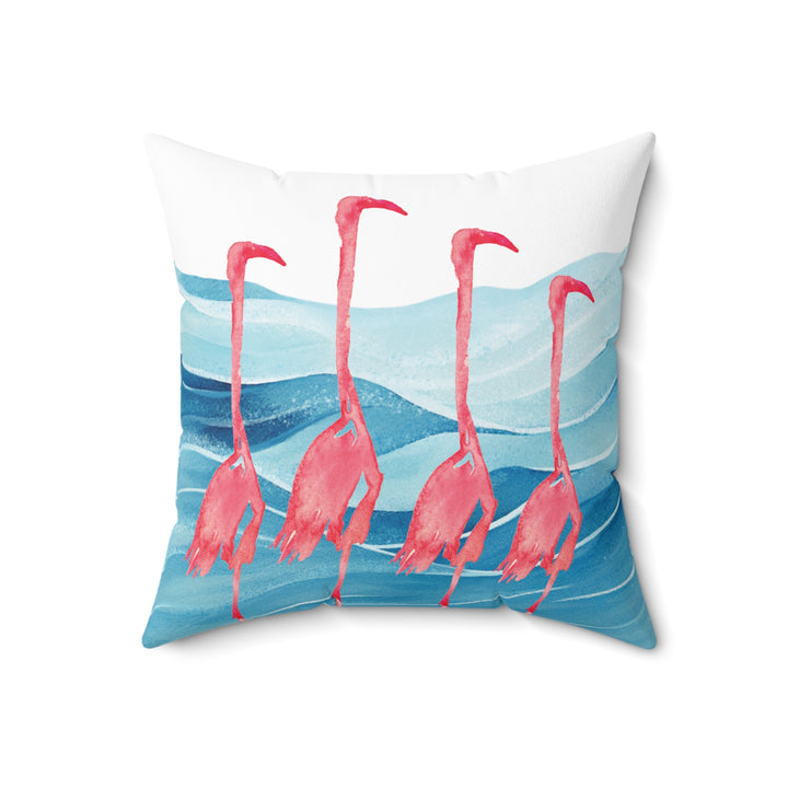 Flat-lay image of the flamingo pillow, highlighting the vibrant watercolor details and premium soft suede fabric.