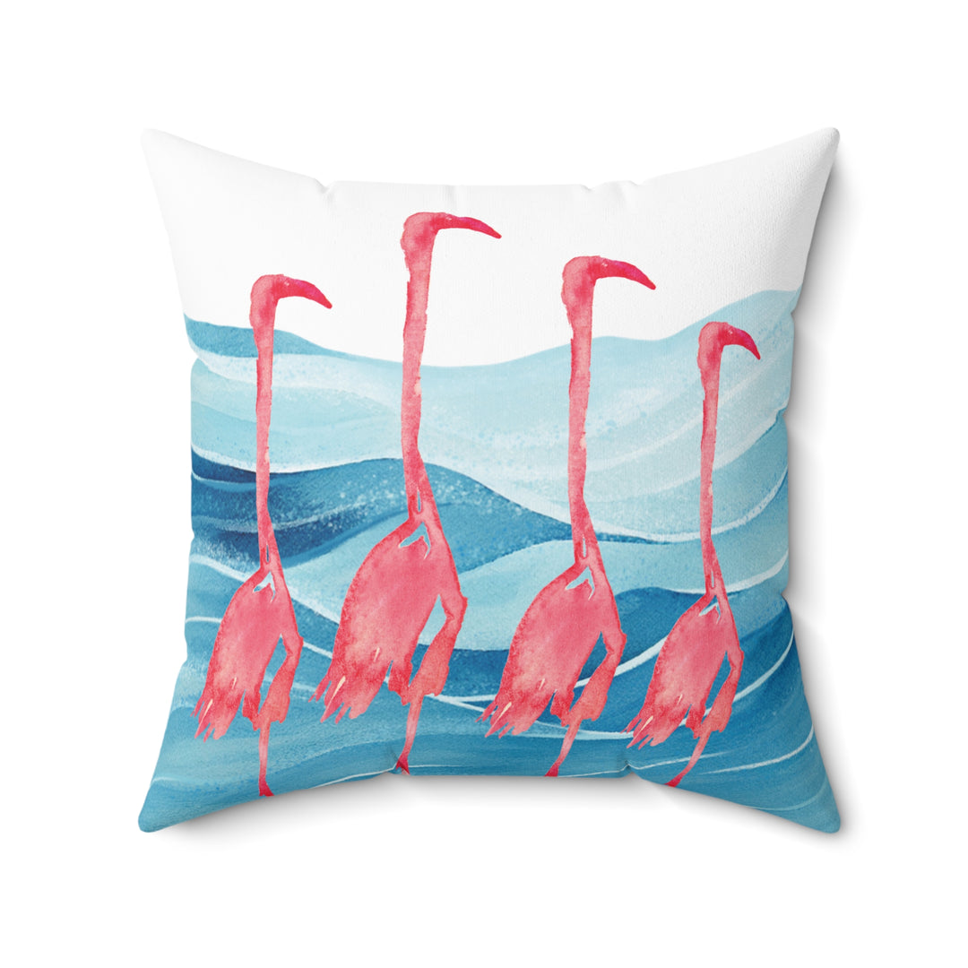 Flat-lay image of the flamingo pillow, highlighting the vibrant watercolor details and premium soft suede fabric.