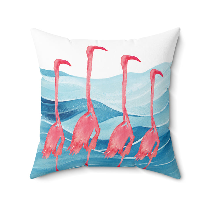 Flat-lay image of the flamingo pillow, highlighting the vibrant watercolor details and premium soft suede fabric.