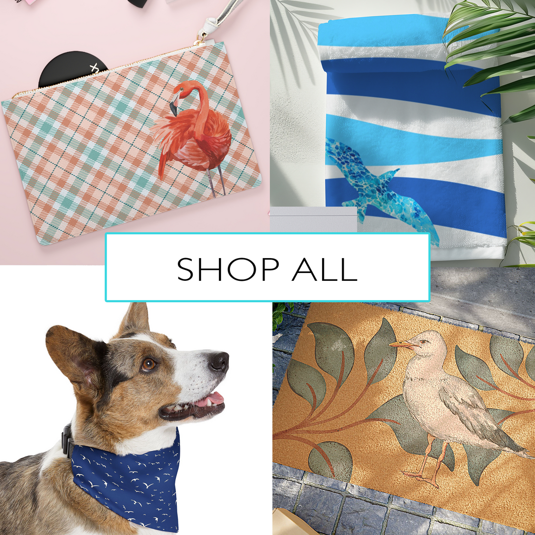 A collage of ocean-inspired products, including a flamingo throw pillow, striped beach towel, nautical-themed home decor, and a dog wearing a blue bandana. A transparent overlay with the text “SHOP ALL” highlights the collection.