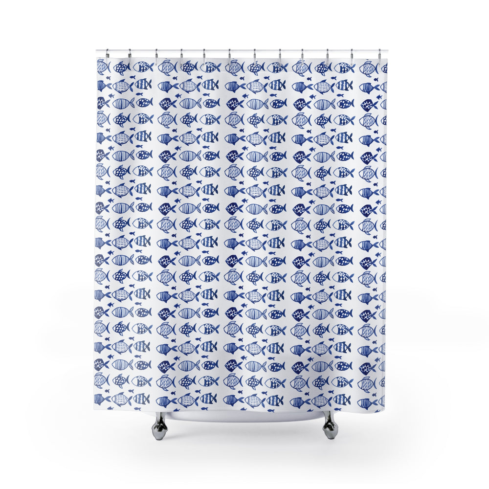 Shower curtain featuring a blue fish pattern displayed on a white background with a simple, clean studio presentation.
