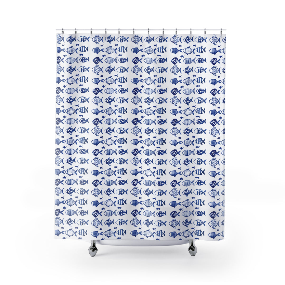 Shower curtain featuring a blue fish pattern displayed on a white background with a simple, clean studio presentation.