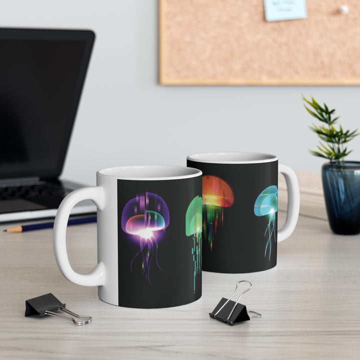 A set of two black ceramic mugs featuring a futuristic jellyfish design with a neon, digital aesthetic. The jellyfish glow in vibrant colors, including blue, green, orange, and purple, with glitch-like effects and pixelated details. The mugs are placed on a white desk in a modern workspace, with a laptop, books, and a decorative plant in the background.