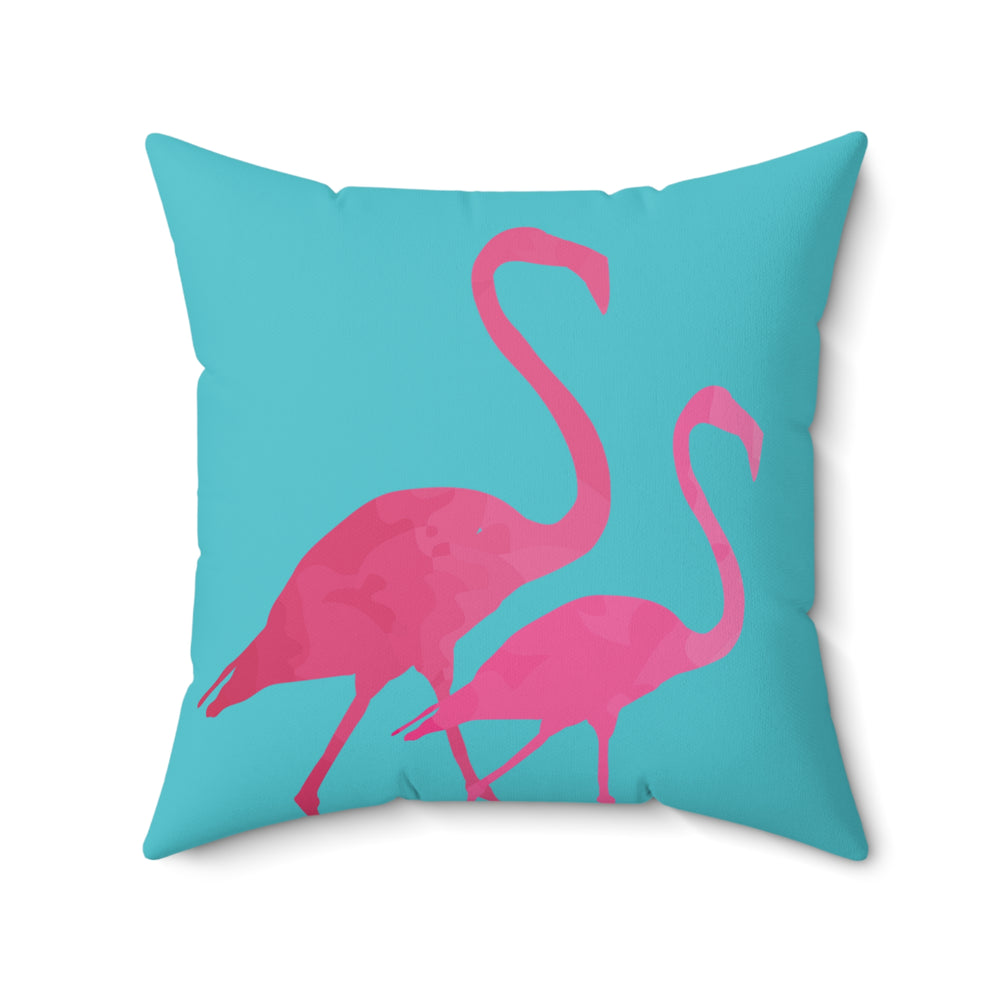 Watercolor pink flamingo pillow - tropical decor with Caribbean blue background, perfect for modern homes.