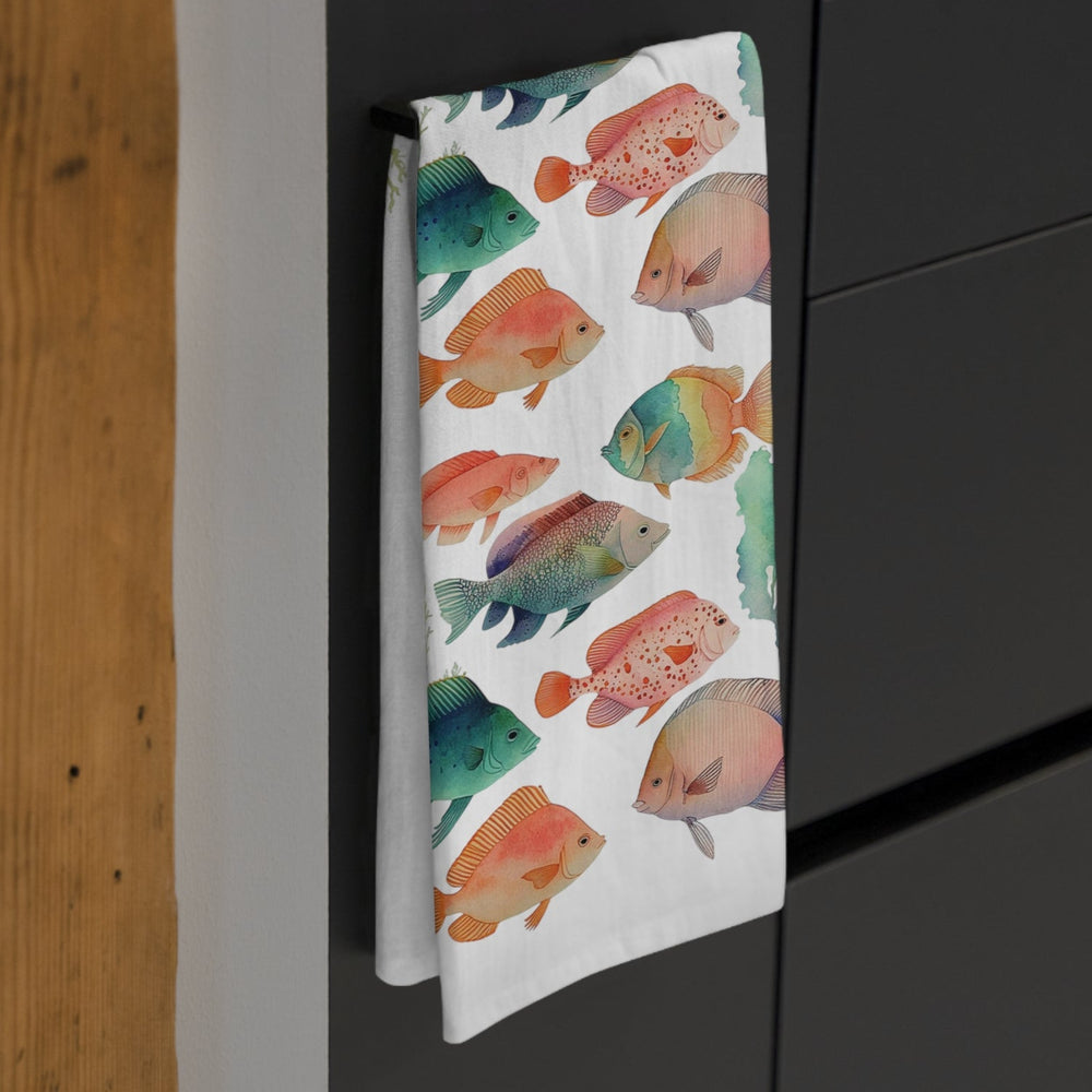 Nautical-themed tea towel with marine life print, perfect for ocean lovers