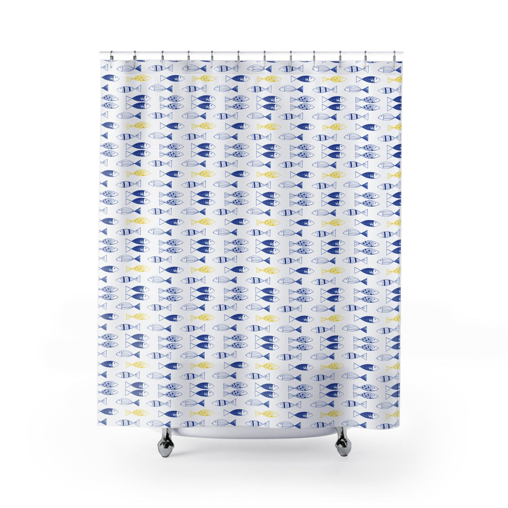 Bright and cheerful shower curtain featuring a repeating pattern of blue and yellow fish on a white background. The fish are styled with simple, geometric designs, adding a playful and modern touch to the decor.