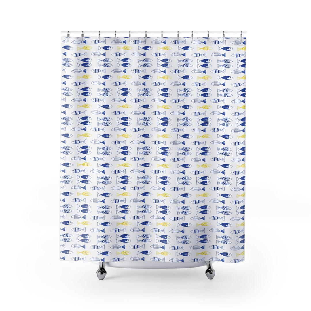 Bright and cheerful shower curtain featuring a repeating pattern of blue and yellow fish on a white background. The fish are styled with simple, geometric designs, adding a playful and modern touch to the decor.