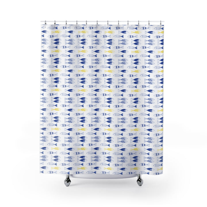Bright and cheerful shower curtain featuring a repeating pattern of blue and yellow fish on a white background. The fish are styled with simple, geometric designs, adding a playful and modern touch to the decor.