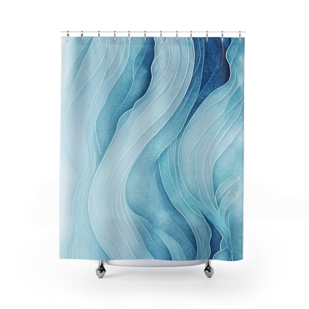Elegant shower curtain featuring an abstract wave design in shades of blue, creating a serene and modern aesthetic. The flowing lines and gradient colors give it a calming ocean-inspired look, perfect for contemporary or coastal-themed bathrooms.