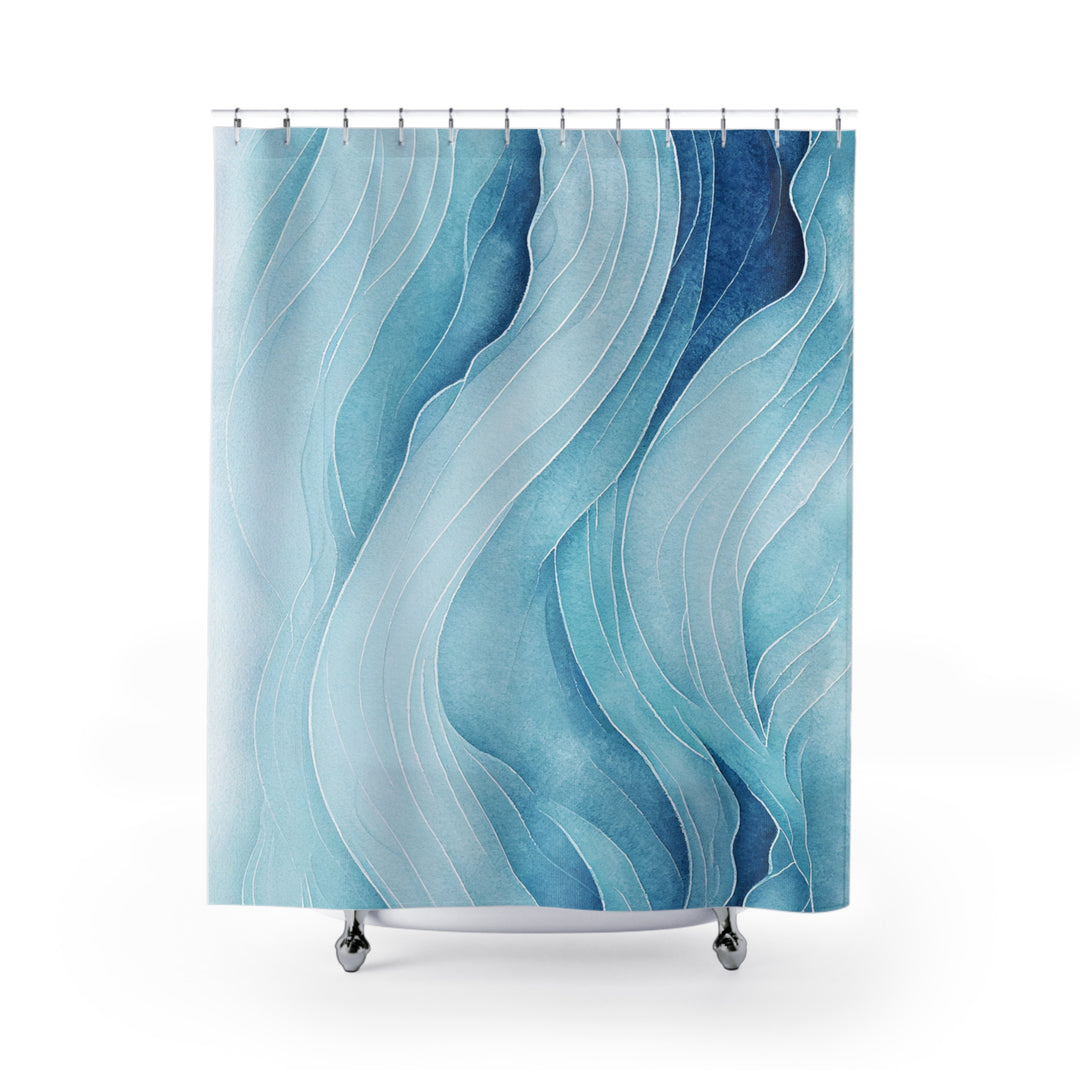 Elegant shower curtain featuring an abstract wave design in shades of blue, creating a serene and modern aesthetic. The flowing lines and gradient colors give it a calming ocean-inspired look, perfect for contemporary or coastal-themed bathrooms.