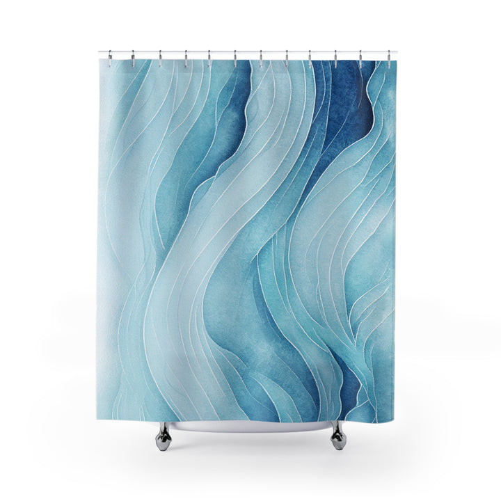 Elegant shower curtain featuring an abstract wave design in shades of blue, creating a serene and modern aesthetic. The flowing lines and gradient colors give it a calming ocean-inspired look, perfect for contemporary or coastal-themed bathrooms.