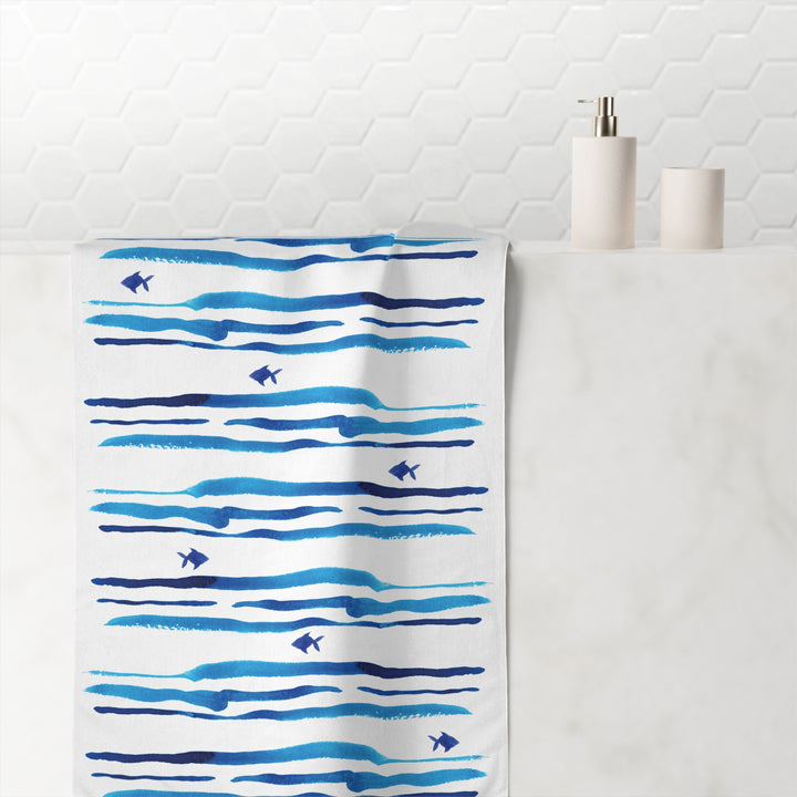 Blue Watercolor Stripes Fish Towel - bzbuzzbee