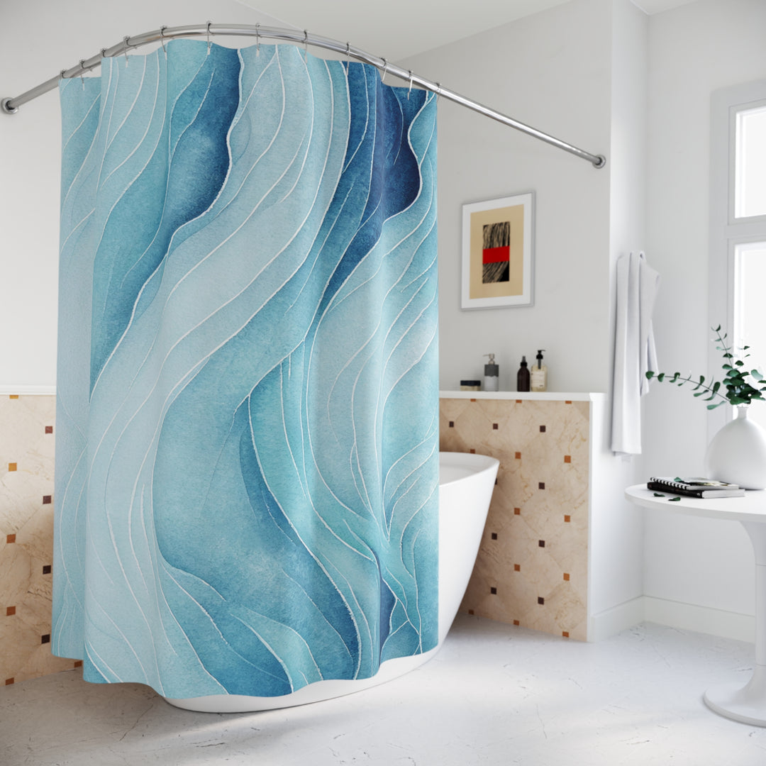 Abstract wave-pattern shower curtain displayed in a modern bathroom with a freestanding tub, minimalist decor, and bright natural lighting for a tranquil coastal vibe.
