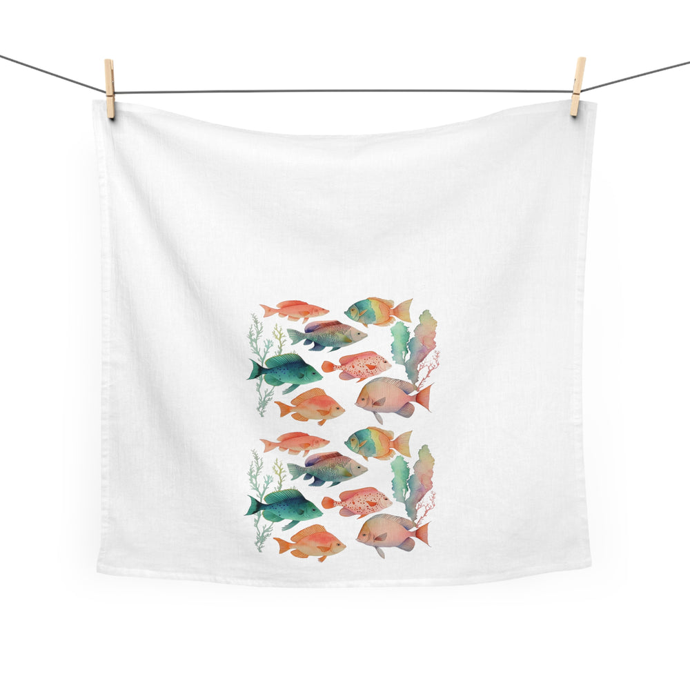 100% cotton dish towel with colorful tropical fish and sea plants