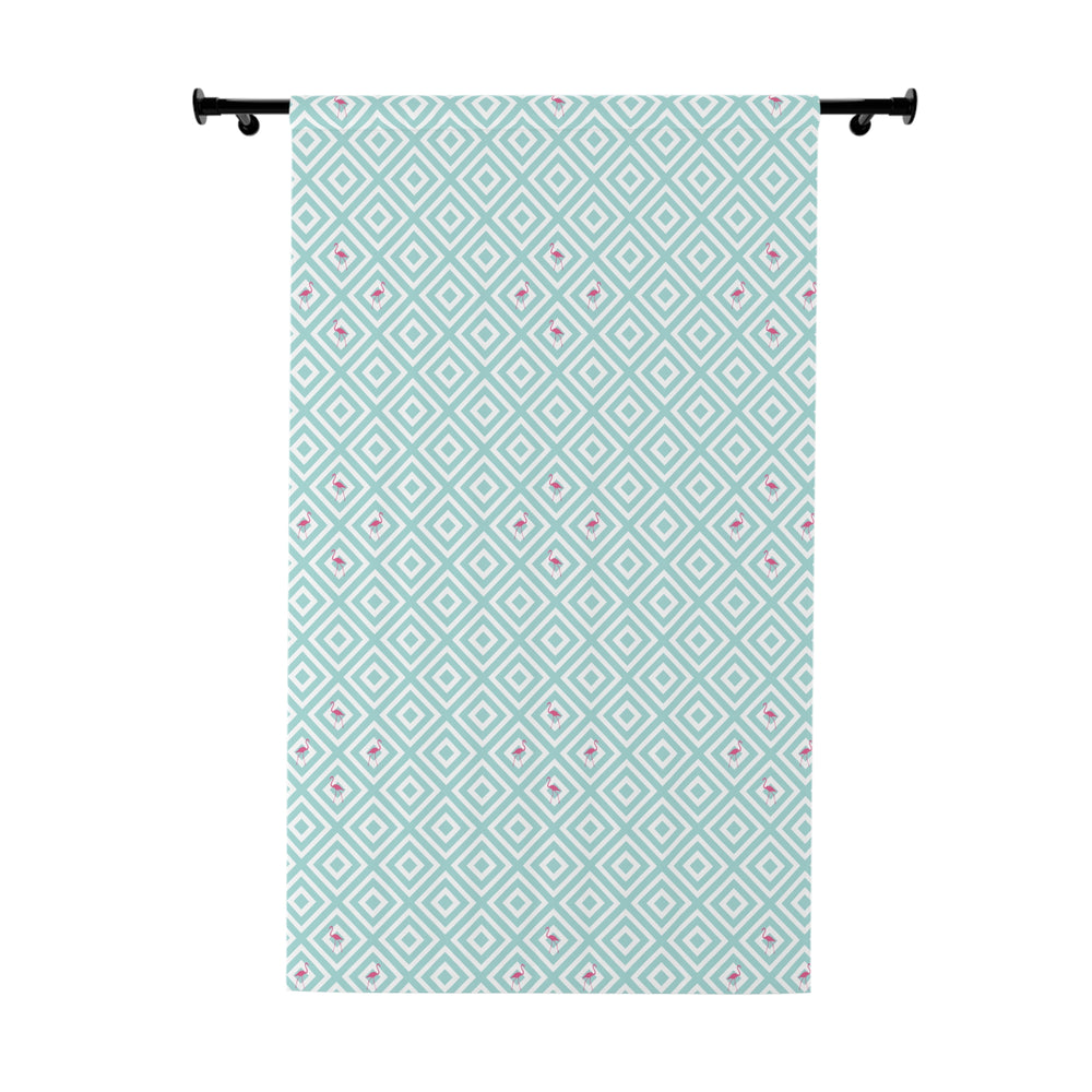 
Aqua checkered curtains with a geometric diamond pattern and small pink flamingo accents, perfect for adding a tropical and coastal vibe to any room.