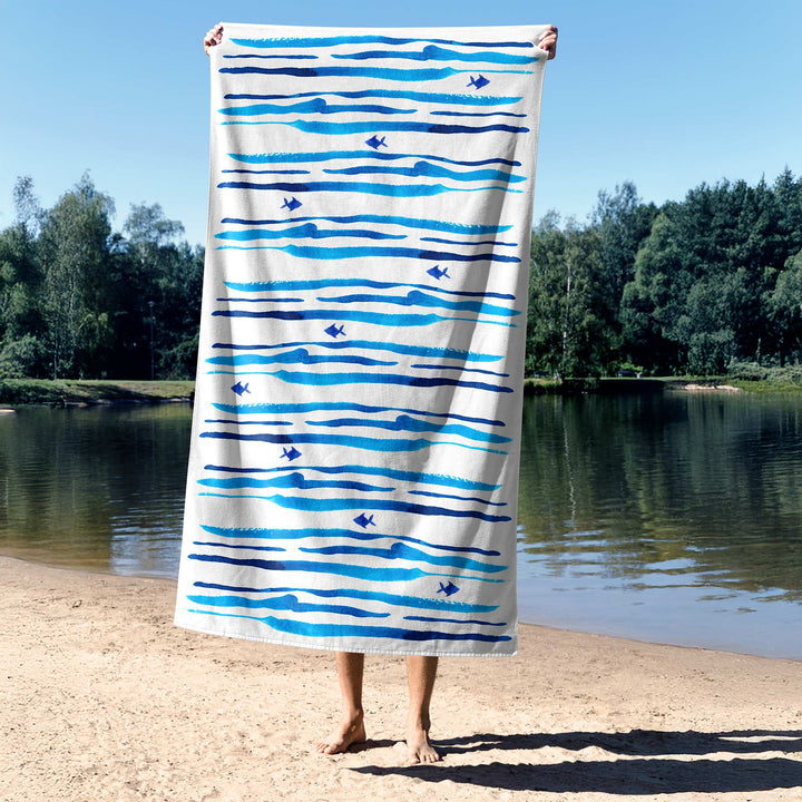Blue Watercolor Stripes Fish Towel - bzbuzzbee