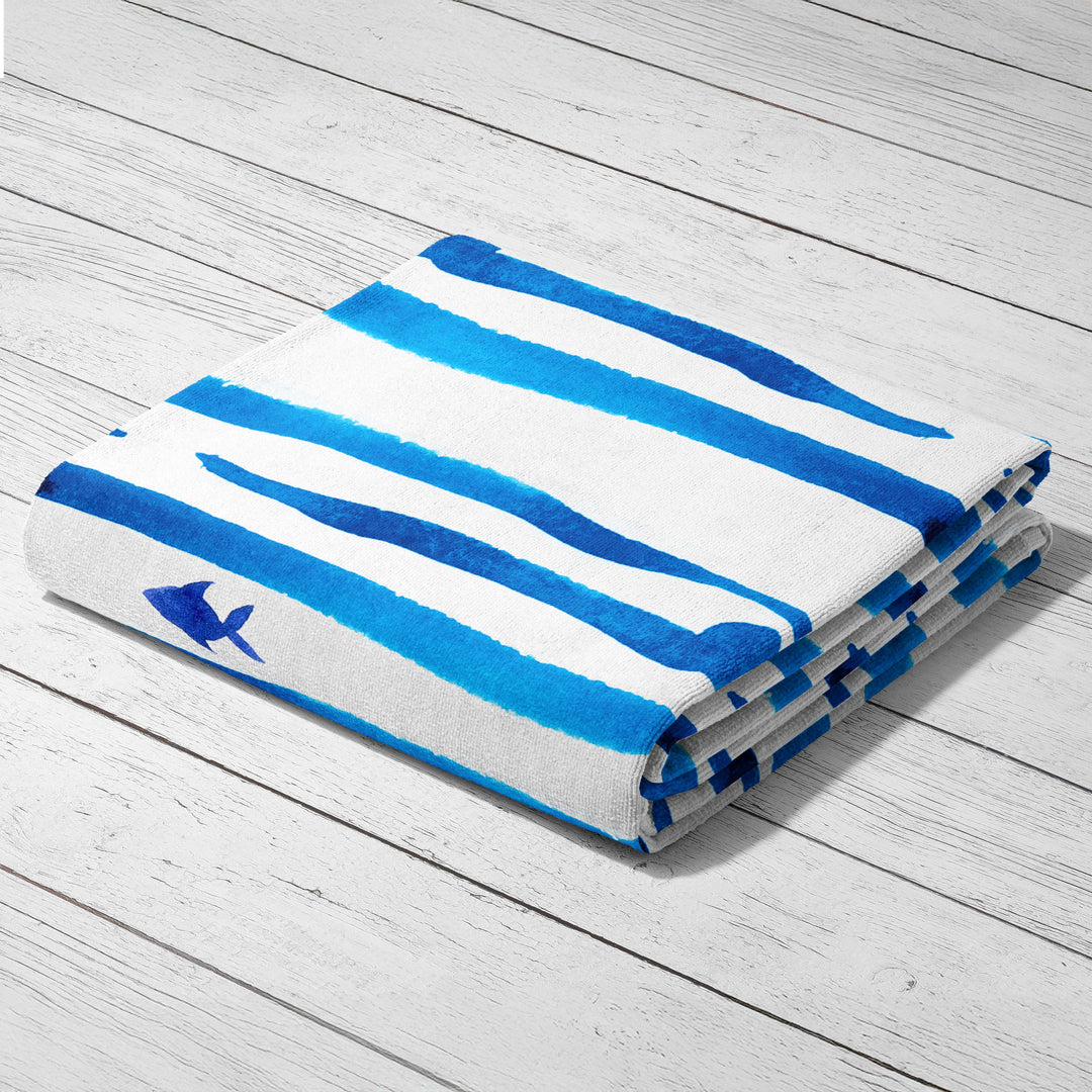 Blue Watercolor Stripes Fish Towel - bzbuzzbee