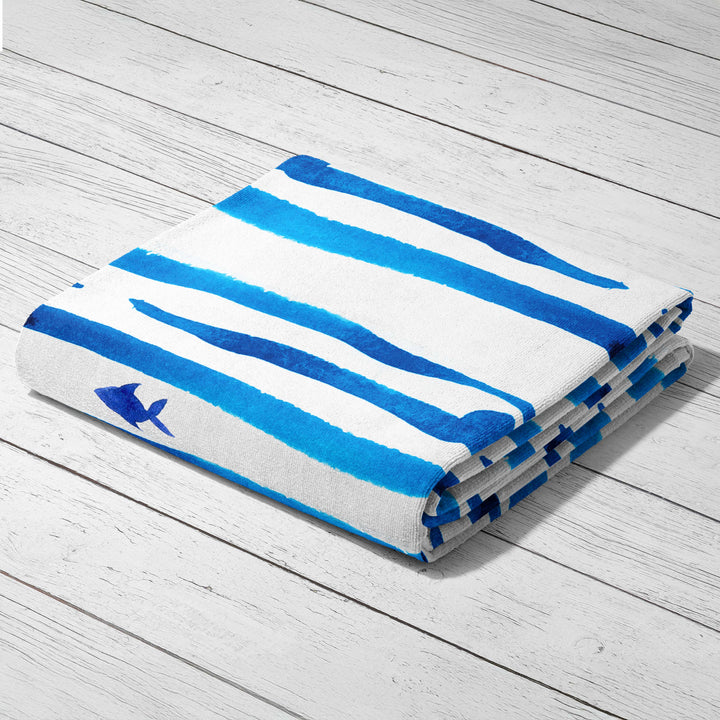 Blue Watercolor Stripes Fish Towel - bzbuzzbee