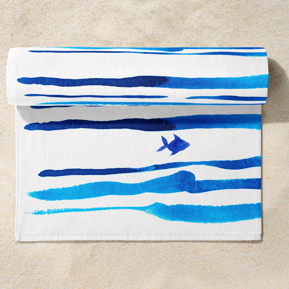 Blue Watercolor Stripes Fish Towel - bzbuzzbee