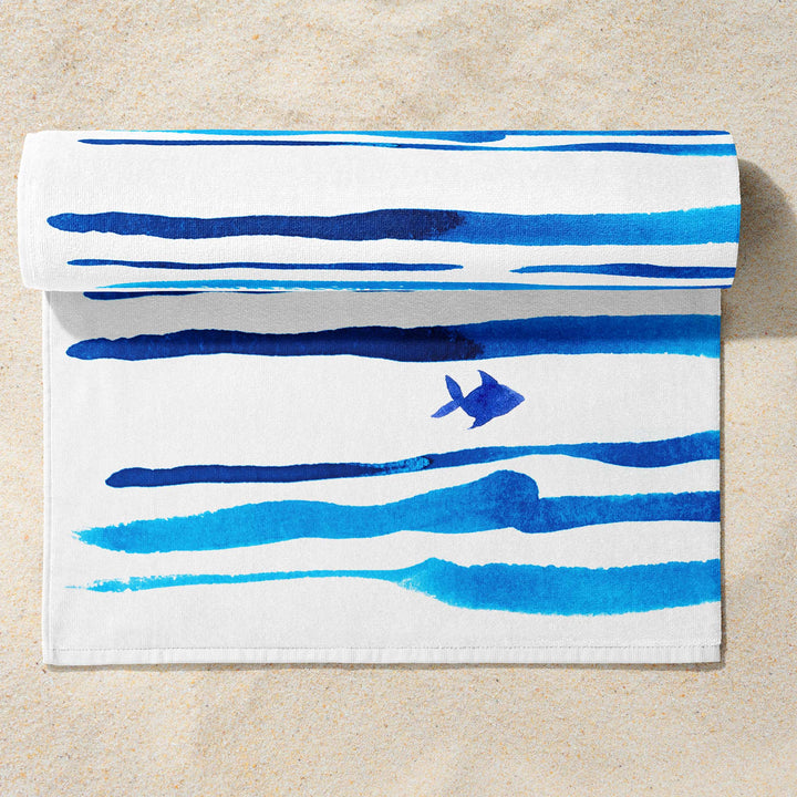 Blue Watercolor Stripes Fish Towel - bzbuzzbee