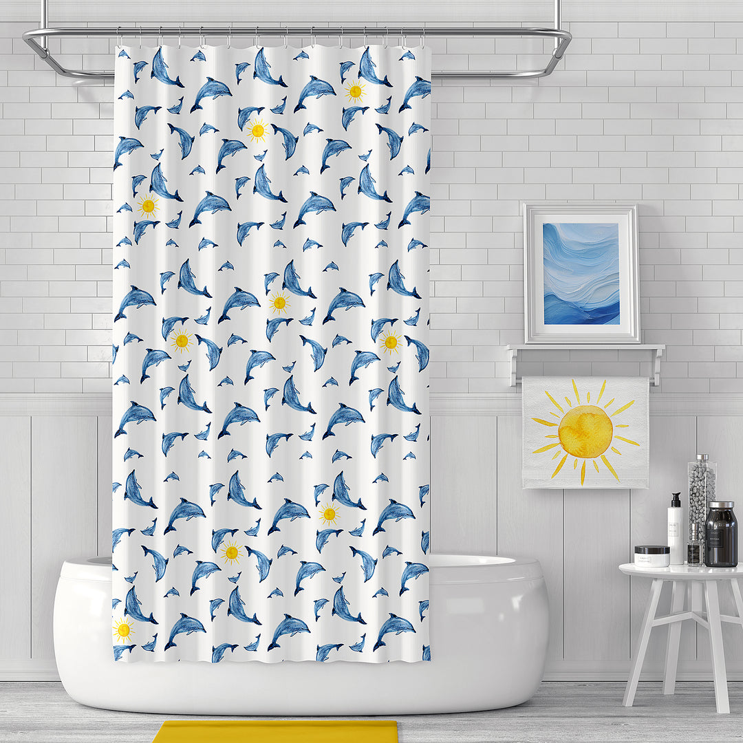 Dolphin Shower Curtains with Yellow Suns - bzbuzzbee