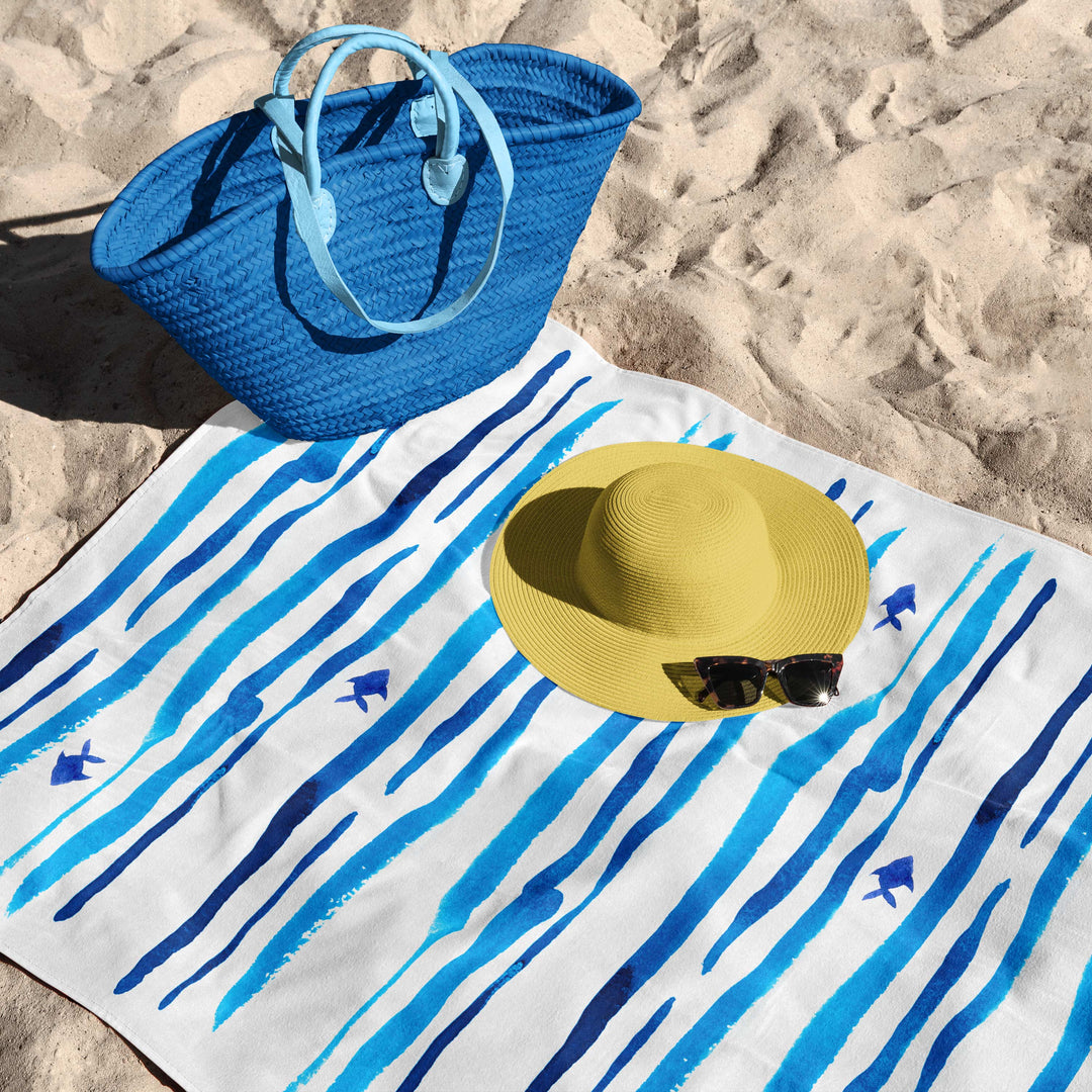 Blue Watercolor Stripes Fish Towel - bzbuzzbee