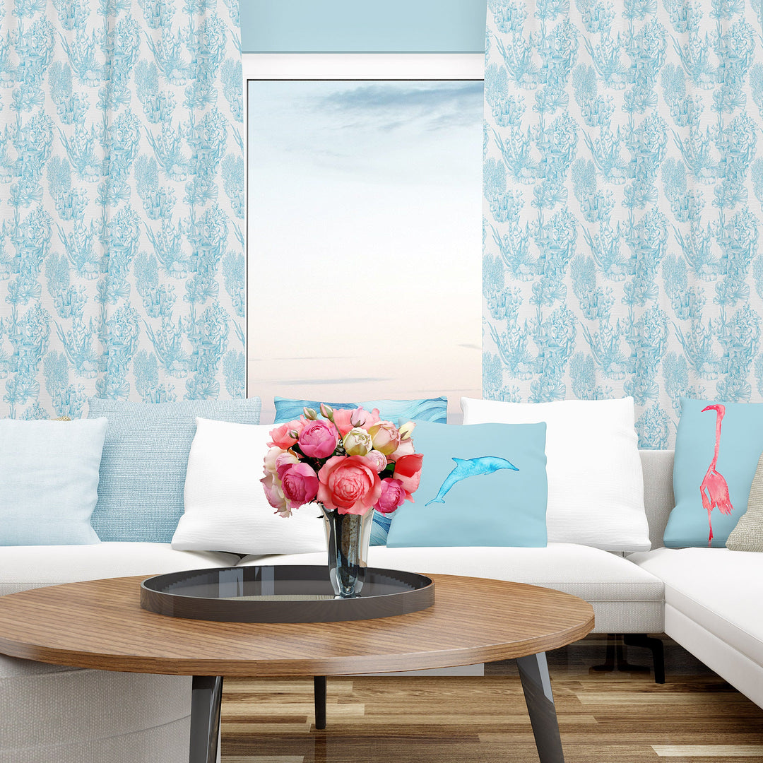 Blue Coral French Toile Blackout Curtains - bzbuzzbee