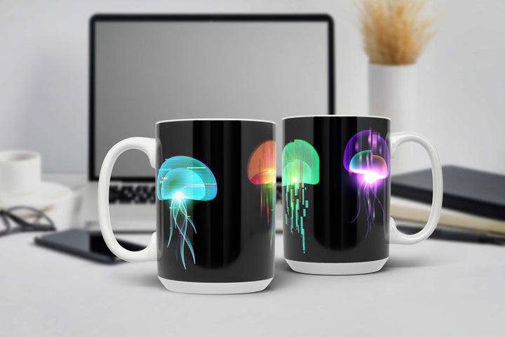 A set of two black ceramic mugs featuring a futuristic jellyfish design with a neon, digital aesthetic. The jellyfish glow in vibrant colors, including blue, green, orange, and purple, with glitch-like effects and pixelated details. The mugs are placed on a white desk in a modern workspace, with a laptop, books, and a decorative plant in the background.