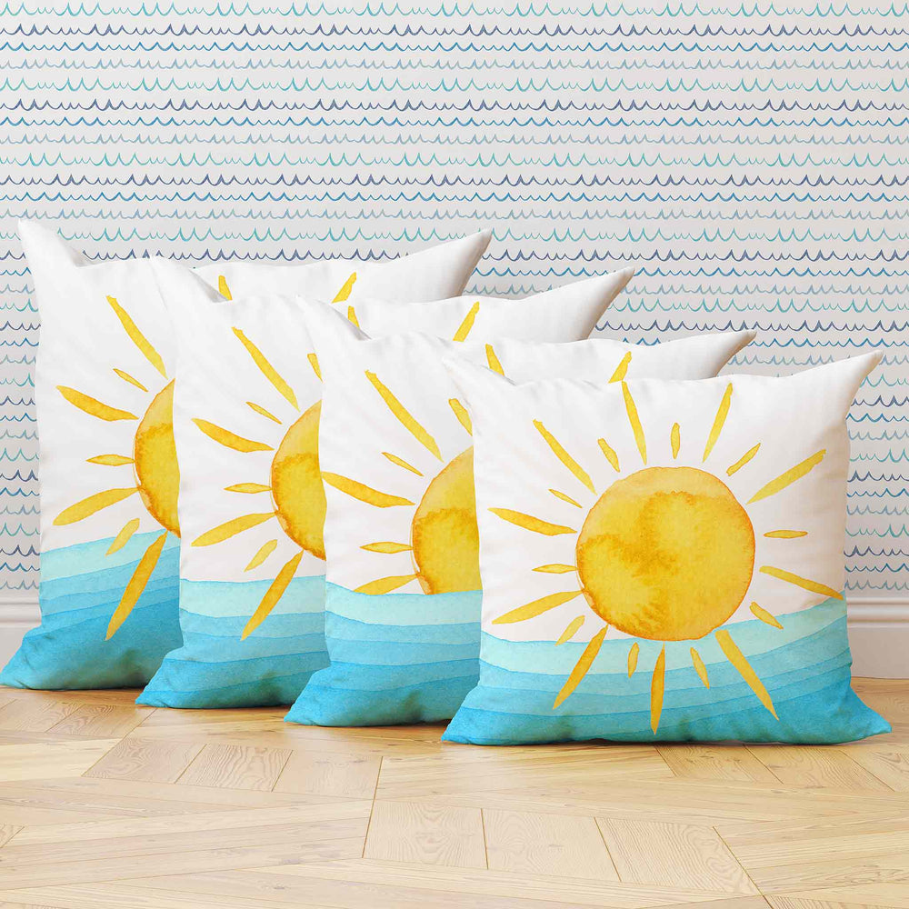 Decorative Pillow - Yellow Watercolor Sun and Waves Design - bzbuzzbee