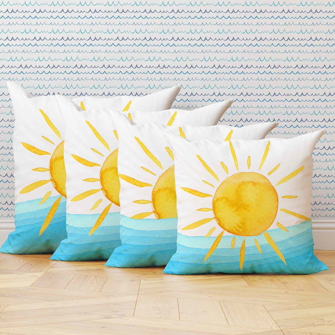 Decorative Pillow - Yellow Watercolor Sun and Waves Design - bzbuzzbee