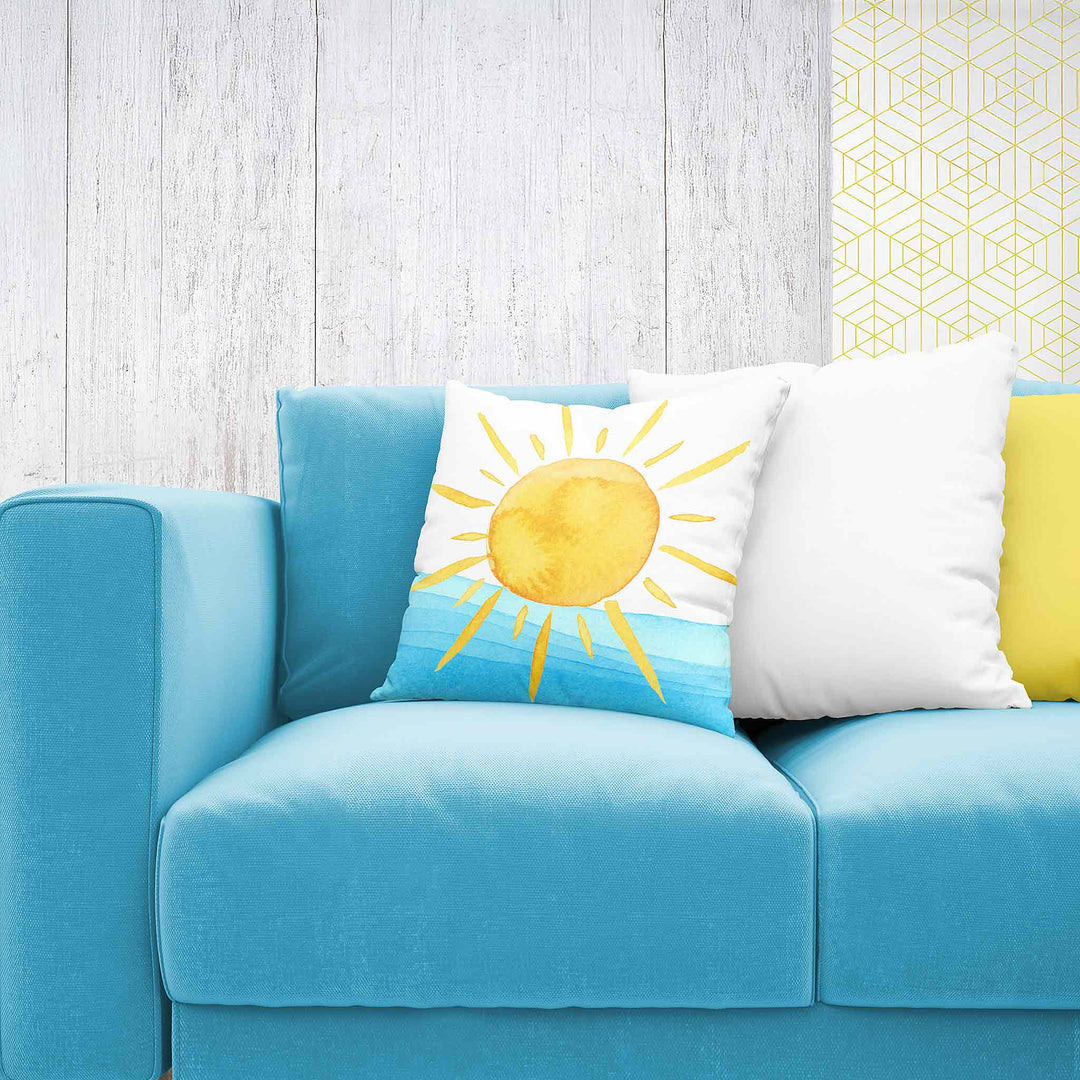 Decorative Pillow - Yellow Watercolor Sun and Waves Design - bzbuzzbee