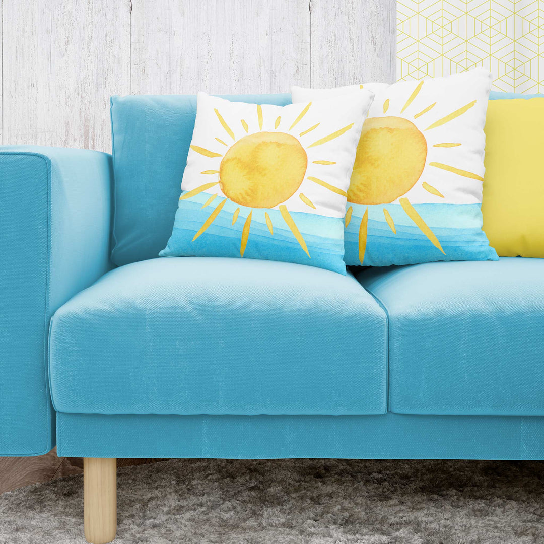 Decorative Pillow - Yellow Watercolor Sun and Waves Design