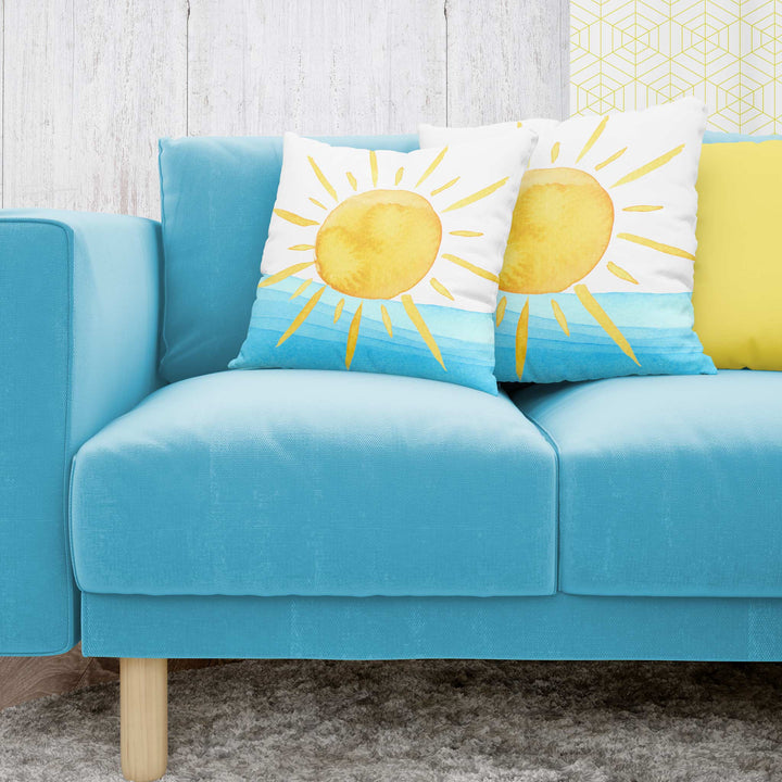 Decorative Pillow - Yellow Watercolor Sun and Waves Design