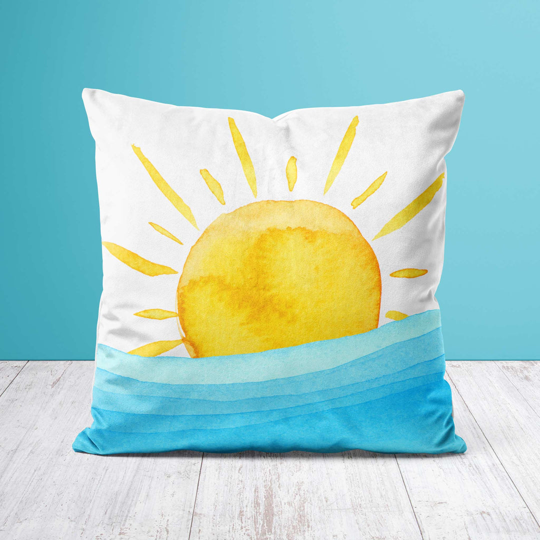 Decorative Pillow - Yellow Watercolor Sun and Waves Design