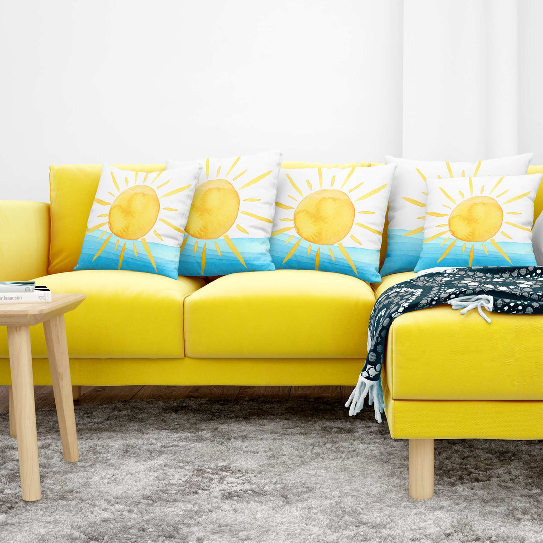 Decorative Pillow - Yellow Watercolor Sun and Waves Design