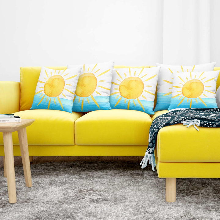 Decorative Pillow - Yellow Watercolor Sun and Waves Design