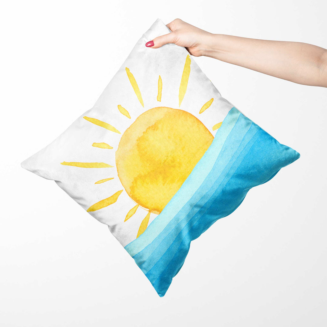 Decorative Pillow - Yellow Watercolor Sun and Waves Design